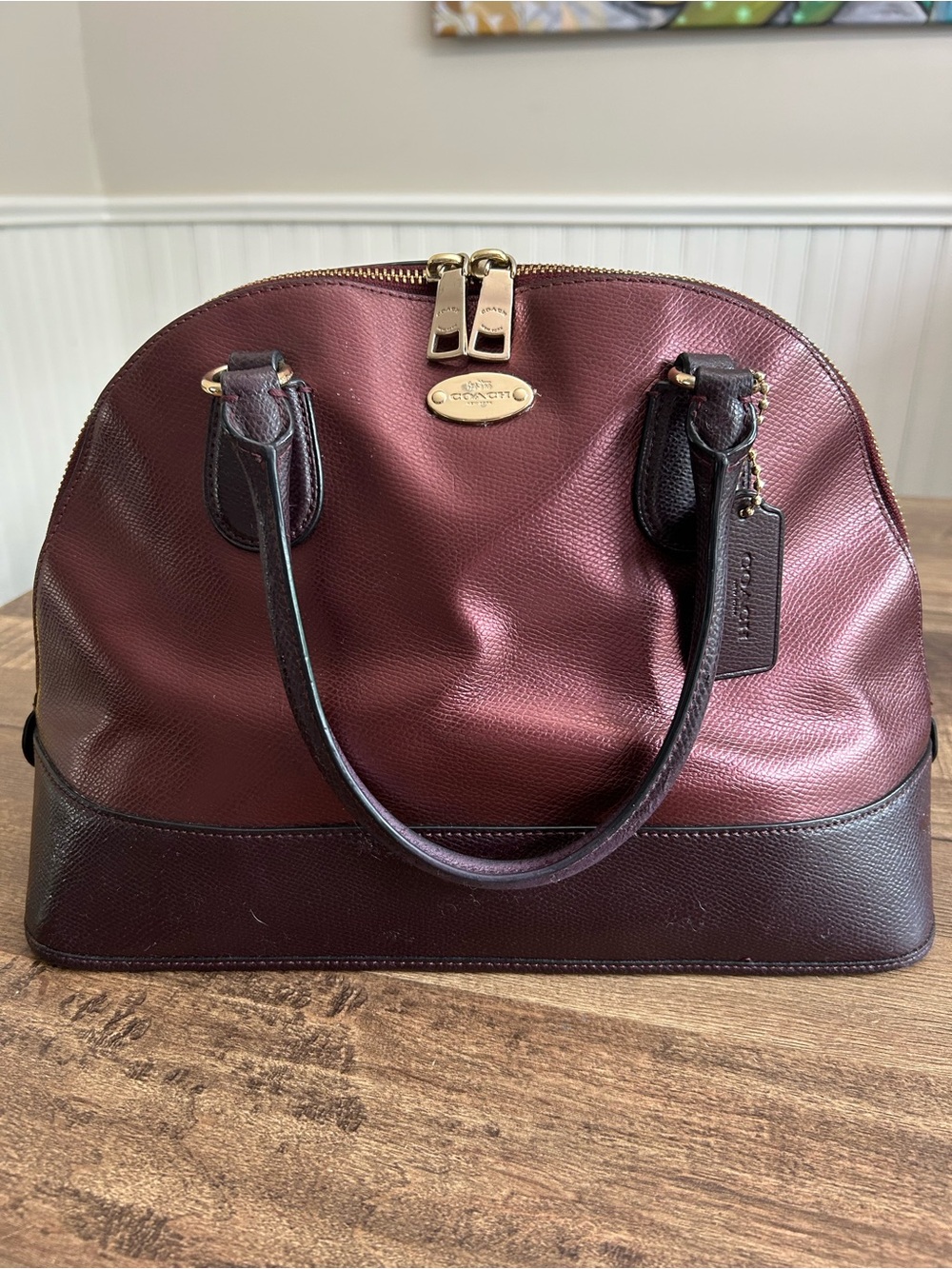 Coach Cora Domed Satchel Metallic Burgundy Crossgrain Leather F36057